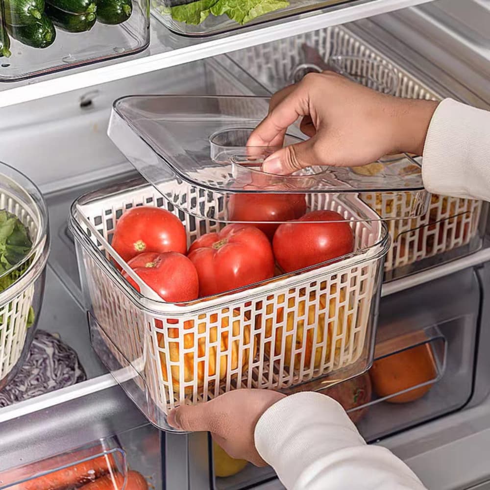 Pote Organizador Para Geladeira Conservador de Alimentos e Com Cesto Para Higienizar os Alimentos