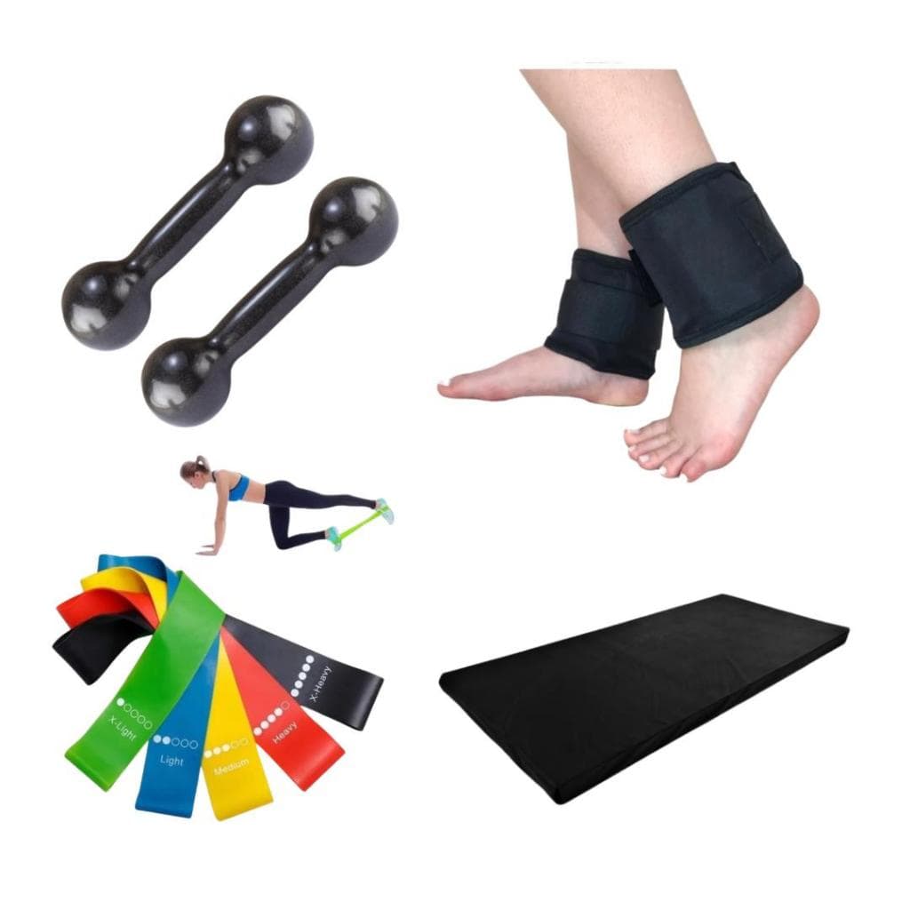 Kit Academia Em Casa Par Peso Halter 1 Kg + Par Caneleira 1 Kg + Colchonete + Kit 5 Faixas Elásticas Mini Band