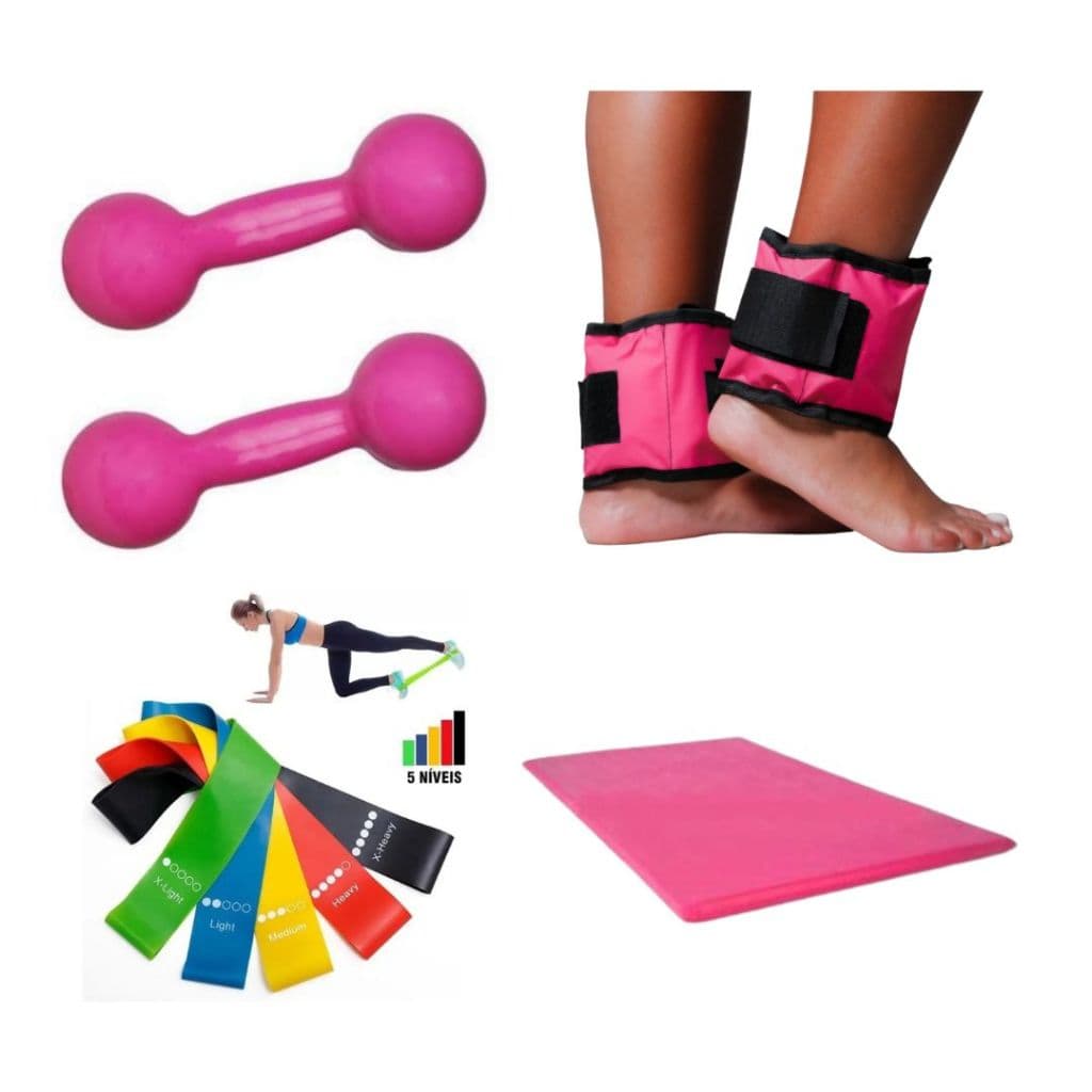 Kit Academia Em Casa Par Peso Halter 1 Kg + Par Caneleira 1 Kg + Colchonete +  Kit 5 Faixas Elásticas Theraband