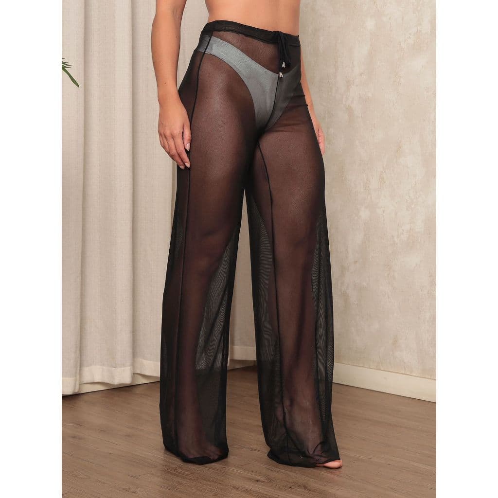 Calça Saída de Praia Tule de Malha Transparente Moda Tendência Estilosa Tropicais Verão