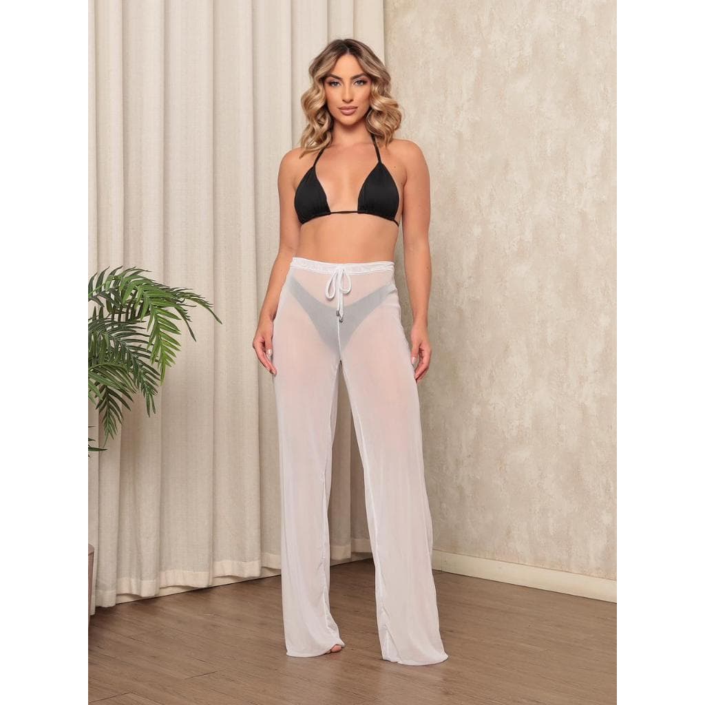 Calça Saída de Praia Tule de Malha Transparente Moda Tendência Estilosa Tropicais Cor Branca Verão