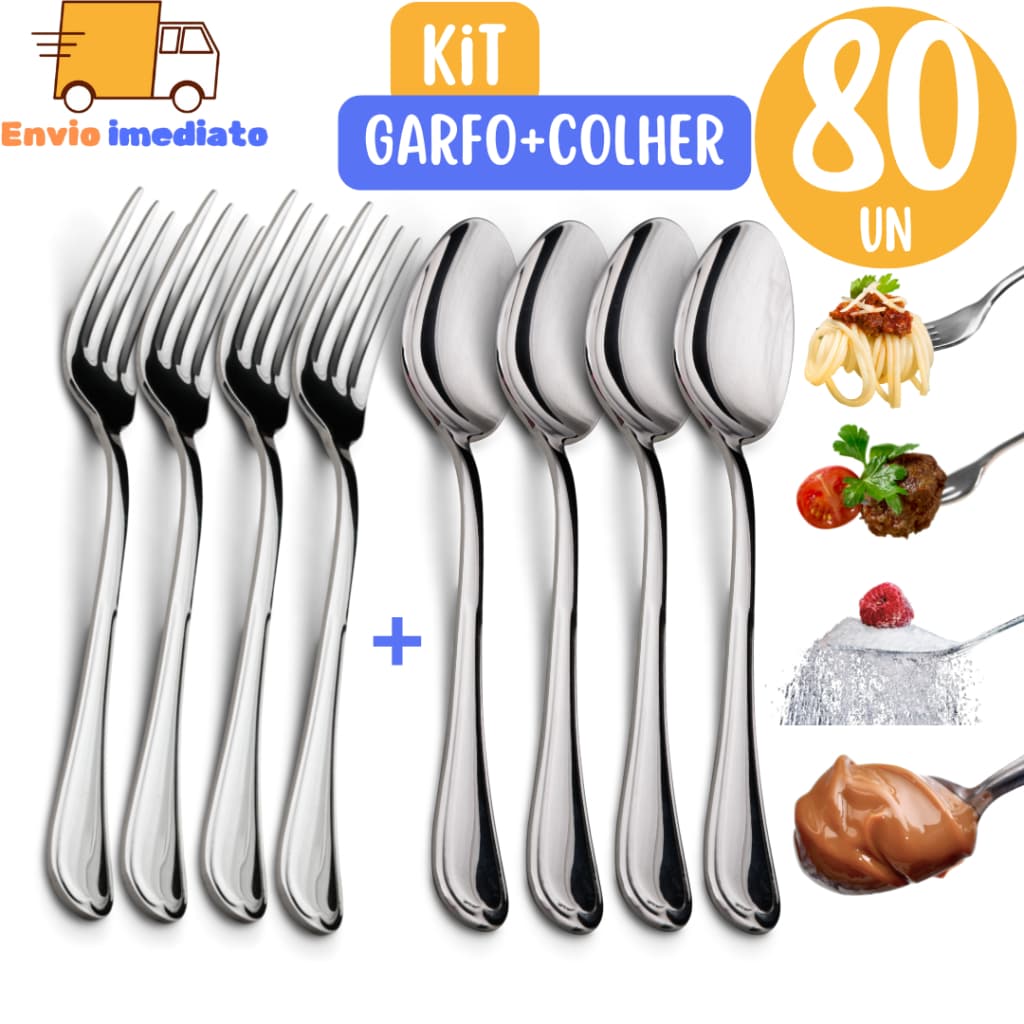 Kit 40 Colher + 40 Garfo Talher Aço Inox  Luxo Sopa  Bar Rest100aurante Buffet Faqueiro