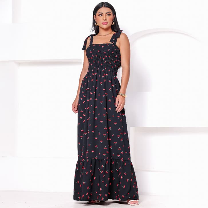 Vestido Longo de Lastex Com Alça Estampado Cereja