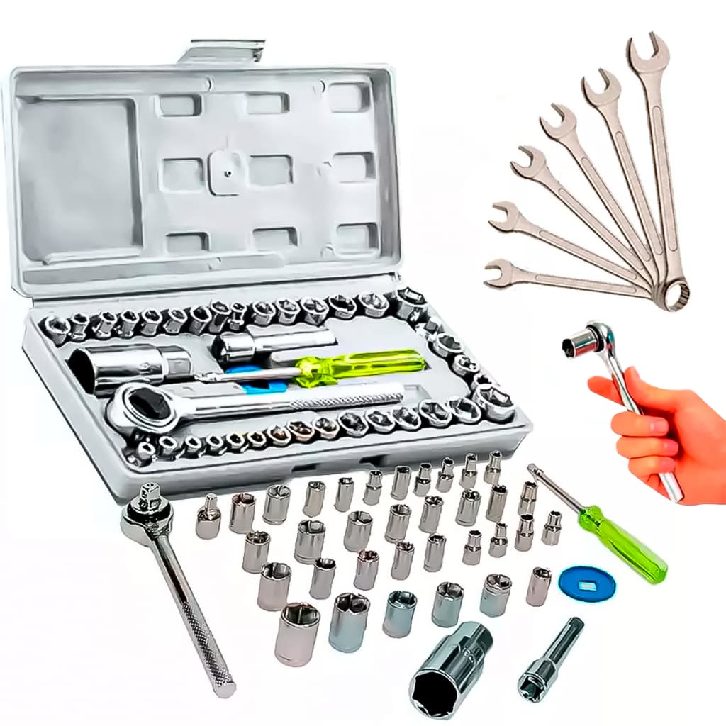 Kit Jogo Ferramentas 46 Peças - Chaves Combinadas Várias Medidas + Chave Catraca Reversível Soquetes