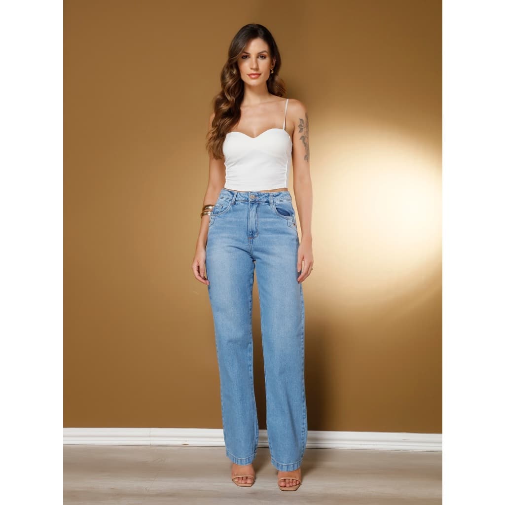 Calça Jeans Wide Leg Feminina Calça Cintura Alta Bolsos e detalhes de argolas de metal casual feminina (1574)