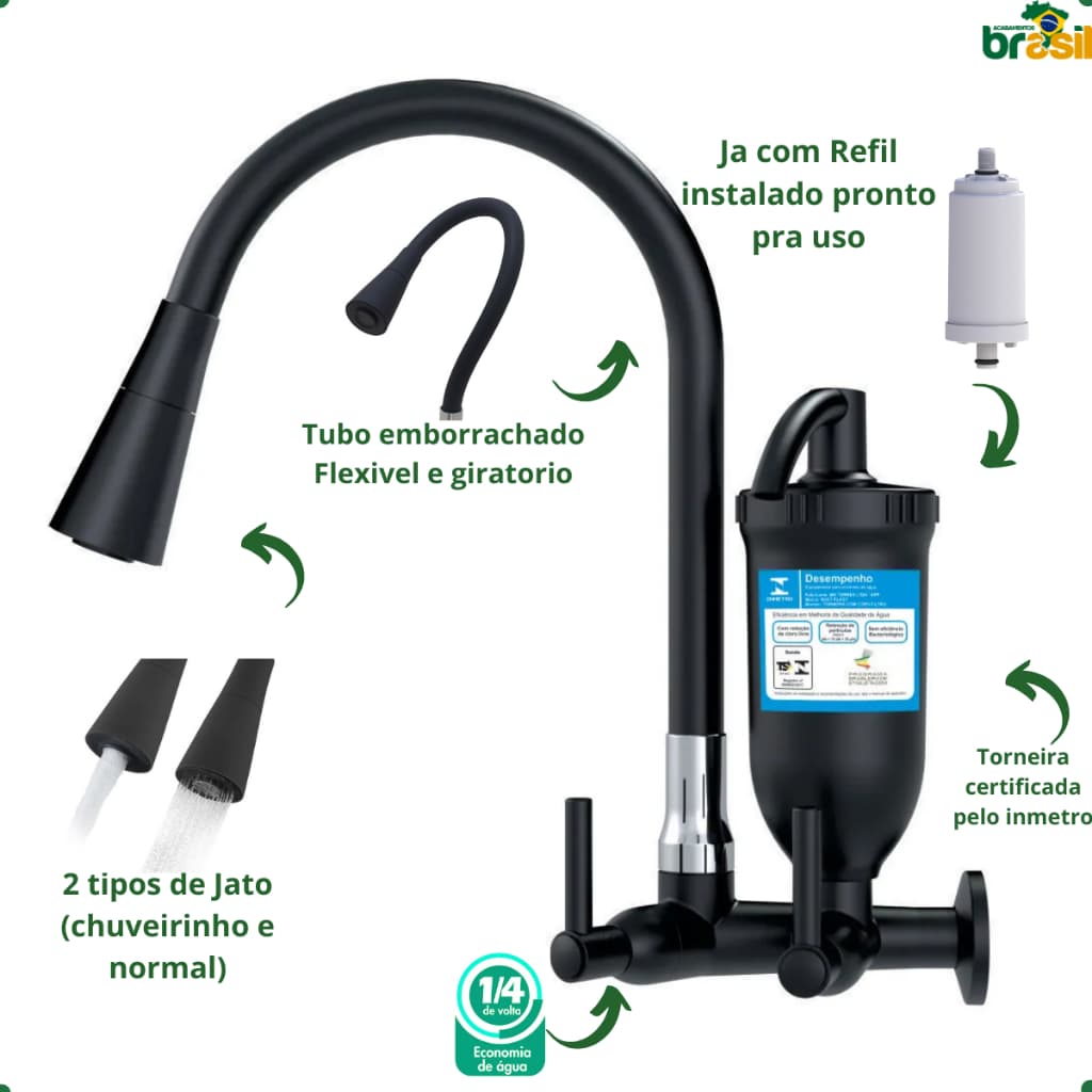 Torneira Filtro Cozinha Preta purificador Vela Carvão Ativado Parede  bica Flexível 2 jatos
