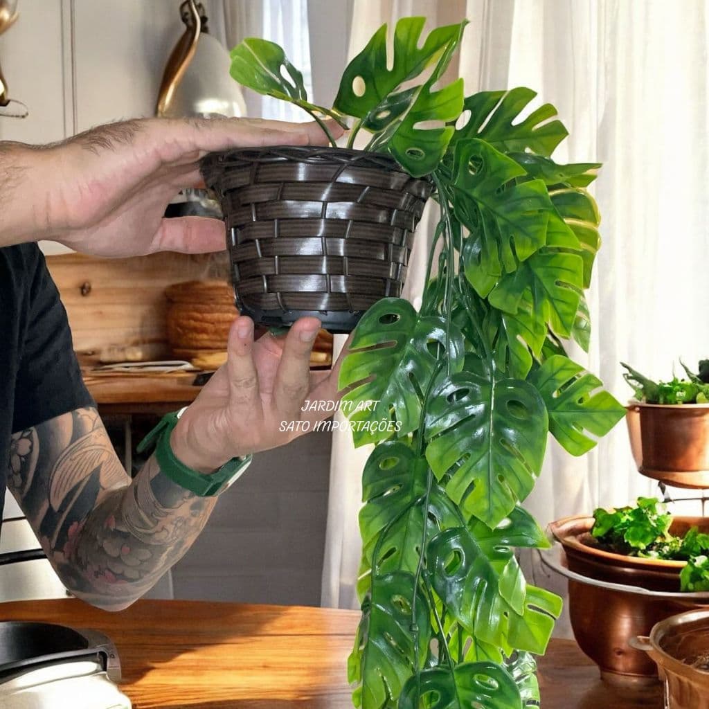Planta Decorativa costela de adao CAIDA + Vaso Trançado Marrom Pendentes Artificial Folhas PT15
