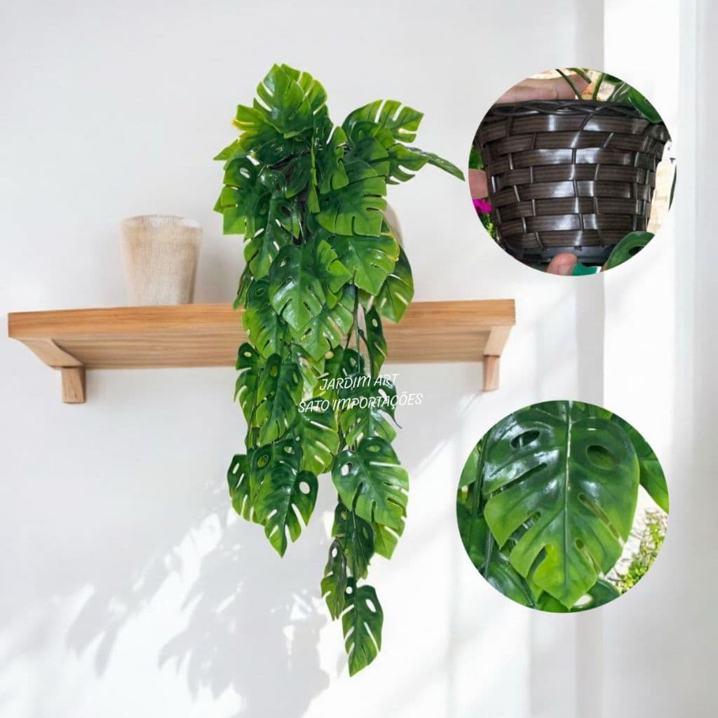 Vaso Decorativo com Suculenta Pendente  costela de adao + Vasinho trançado Casa Escritório Sala PT15