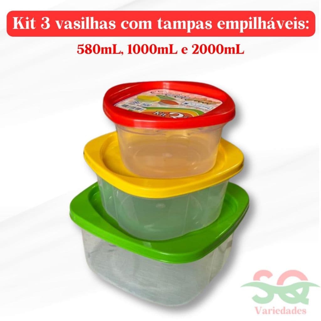 Kit 3 Pote Vasilha 580ml 1000ml 2000ml Armazenamento  Alimentos Freezer Micro Ondas Plástico Premium