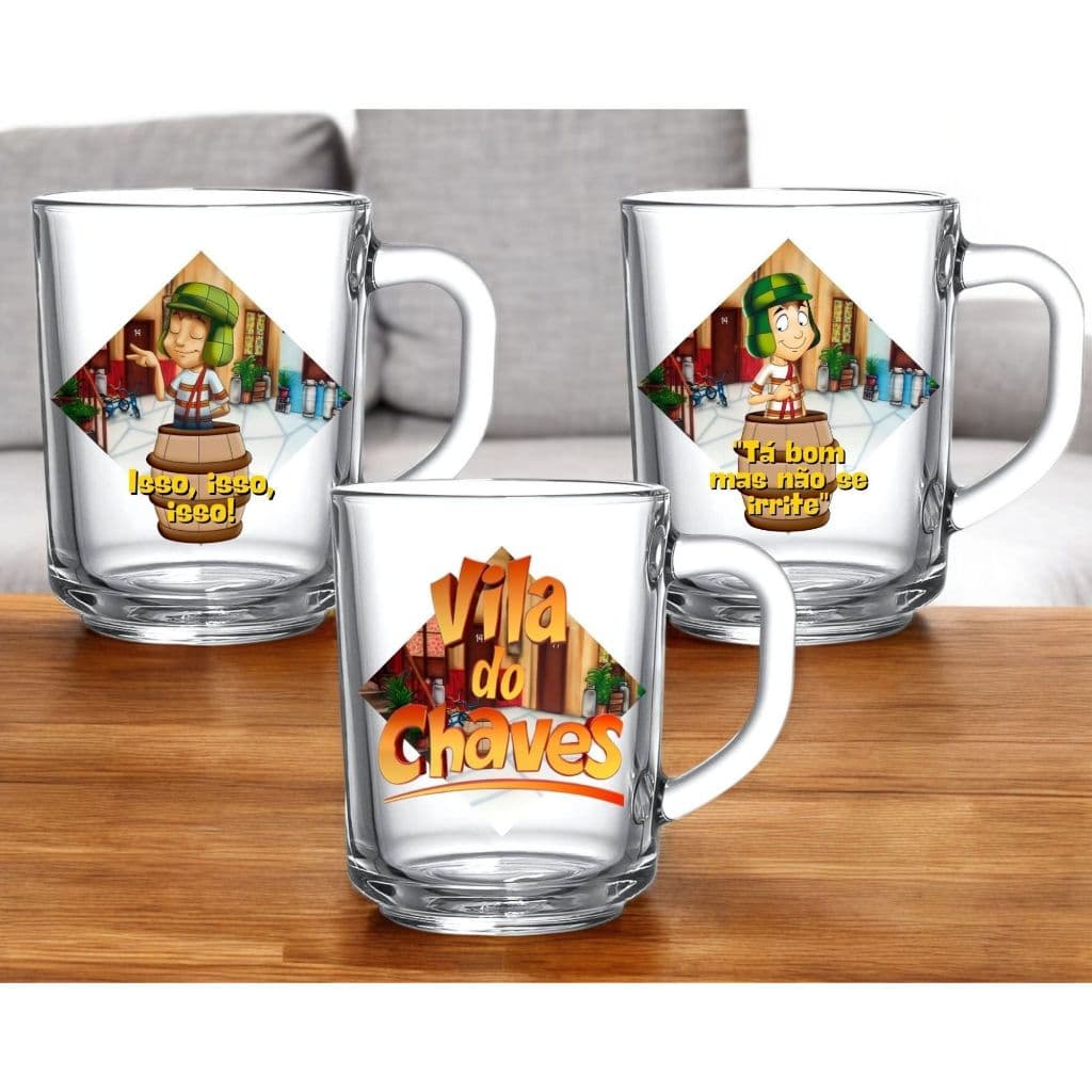 3 Canecas Vidro Personalizada Vila do Chaves Frases Estampa Colorida Café Chá Decoração Personagem