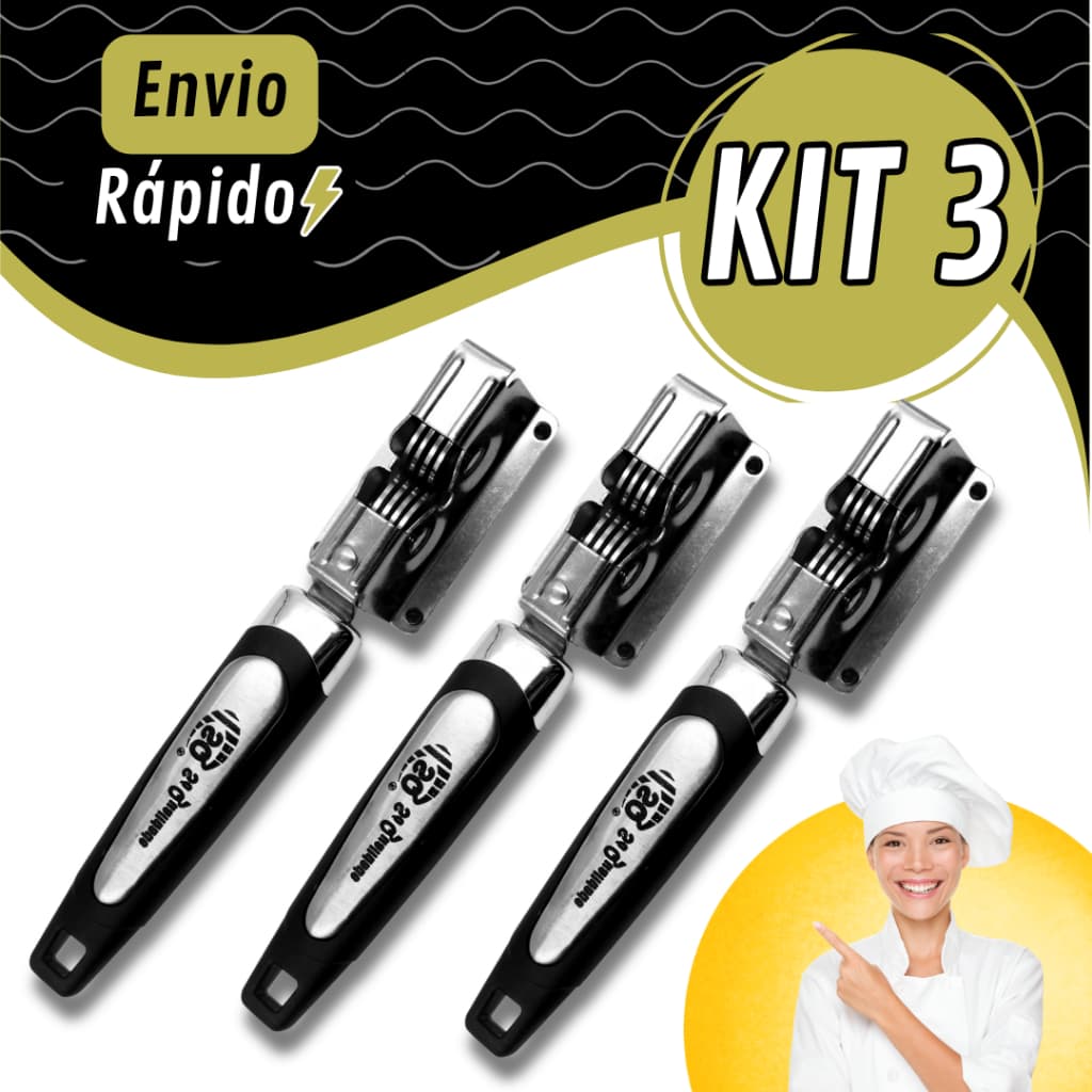 Kit 3 Afiadores Amoladores de Faca Tesoura e Cutelo em Aço Inox Premium