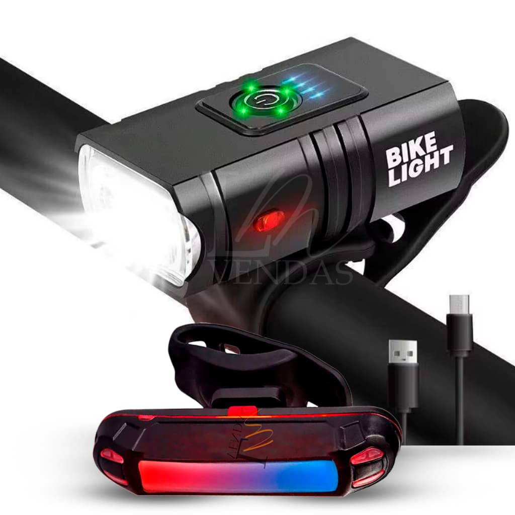 Kit Farol Bike Bicicleta Luz Ultra Led Recarregável Medidor Bateria + Lanterna Traseira Duas Cores
