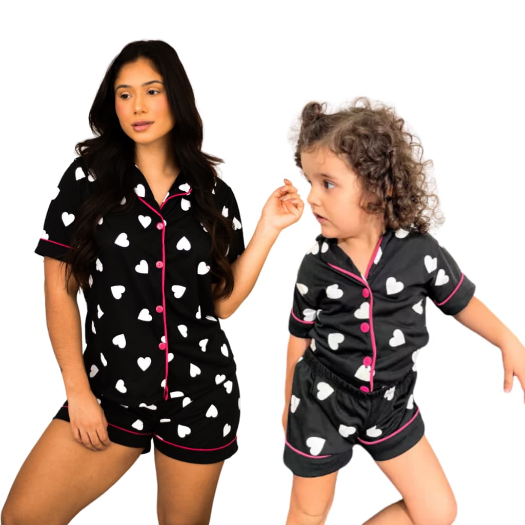 Kit Mãe e Filha Pijama Americano Botões Feminino Short Doll Infantil Adulto Conforto Manga Curta Verão