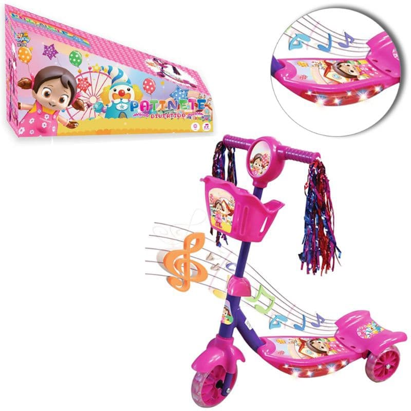 PATINETE DA FOFA COM 3 RODAS E CESTINHA + SOM E LUZ A PILHA 62X60X19CM