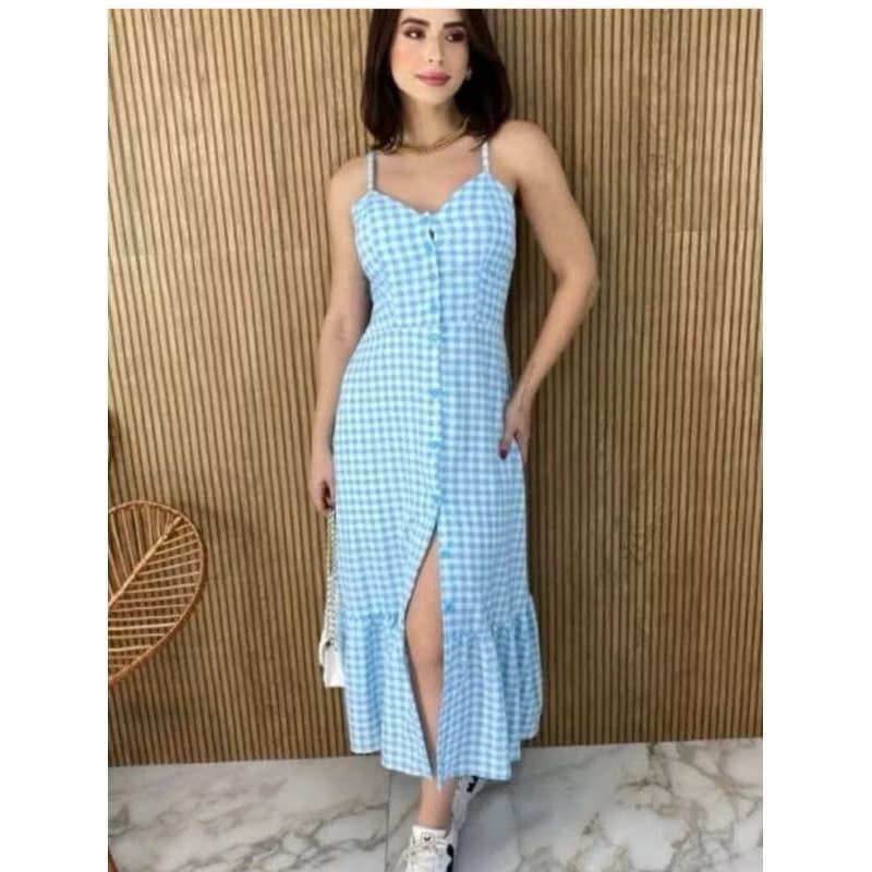 Vestido longo xadrez Crepinho com botões H-1