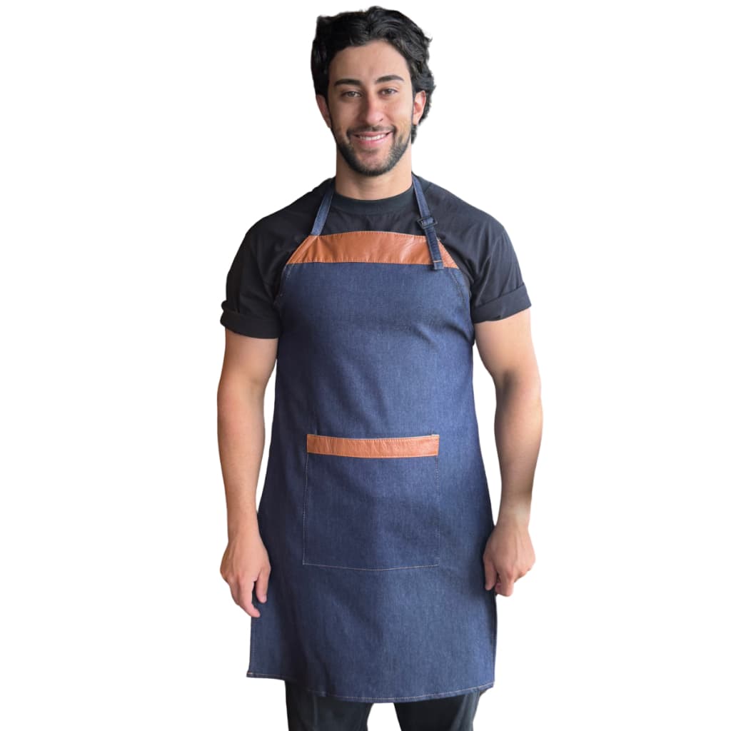 Kit 20 Avental Jeans com Couro Garçom Cozinha Lanchonete Ajustável Corpo Churrasqueiro Jardineiro