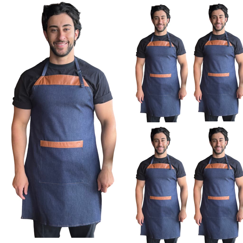 Kit 5 Avental Jeans com Couro Garçom Cozinha Lanchonete Ajustável Corpo Currasqueiro Barbeiro