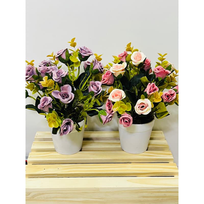 flor mim rosa artificial com vaso balde pra decoração