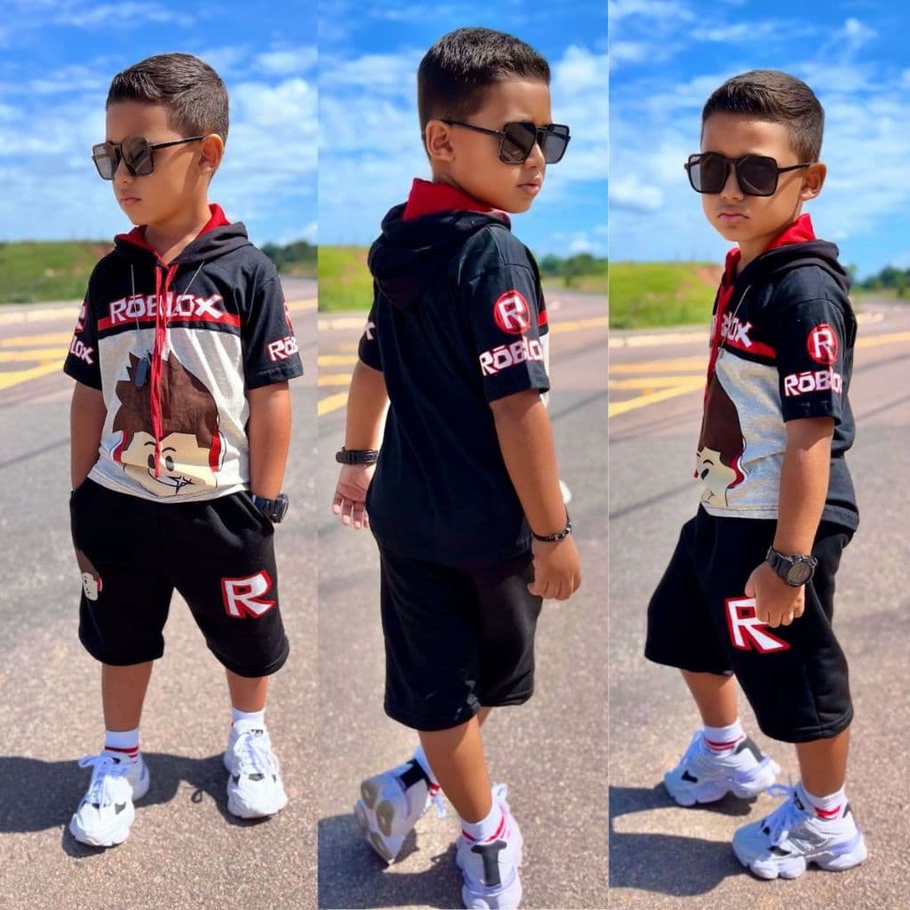 Conjunto Infantil menino fantasia Roblox Short e Camiseta com Capuz Moletinho