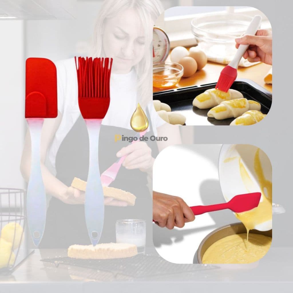 Kit de Cozinha Pincel Redondo e Espátula Culinário de Silicone com Cabo Plástico Transparente