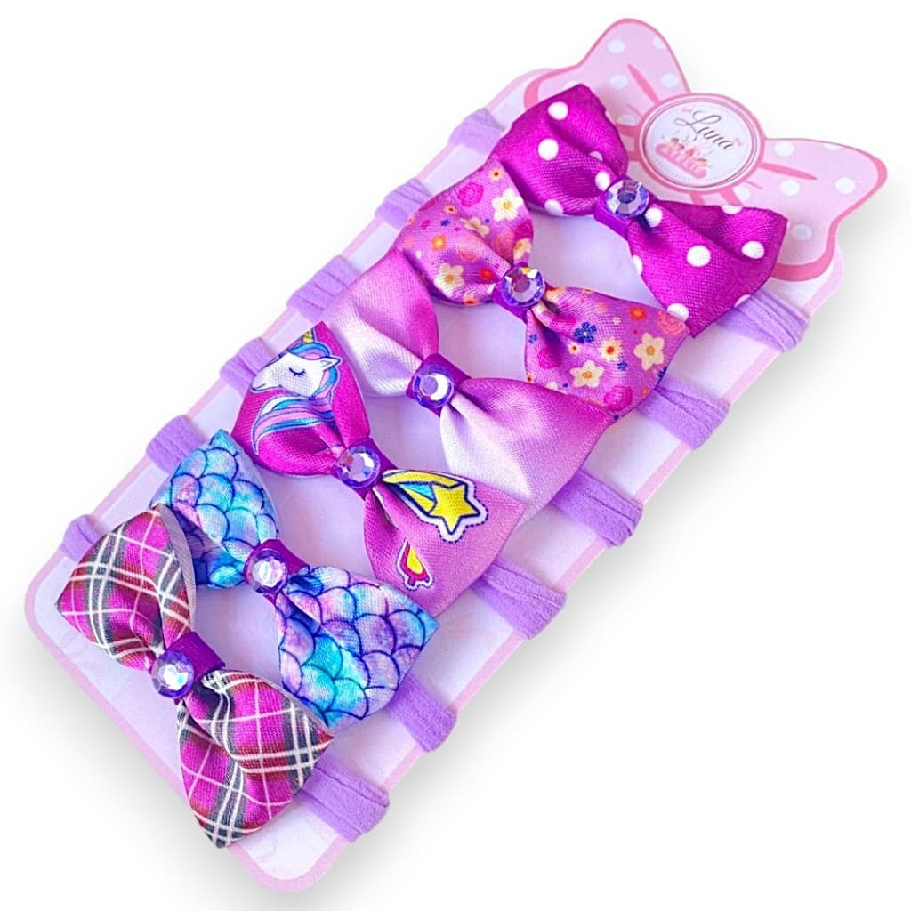 Kit 6 Lacinhos laços de bebê Rn infantil Bebe Cetim laços de cabelo Tiarinha Faixinha Purple