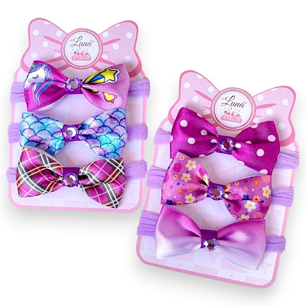 Kit 6 Lacinhos laços de bebê Rn infantil Bebe Cetim laços de cabelo Tiarinha Faixinha Roxo