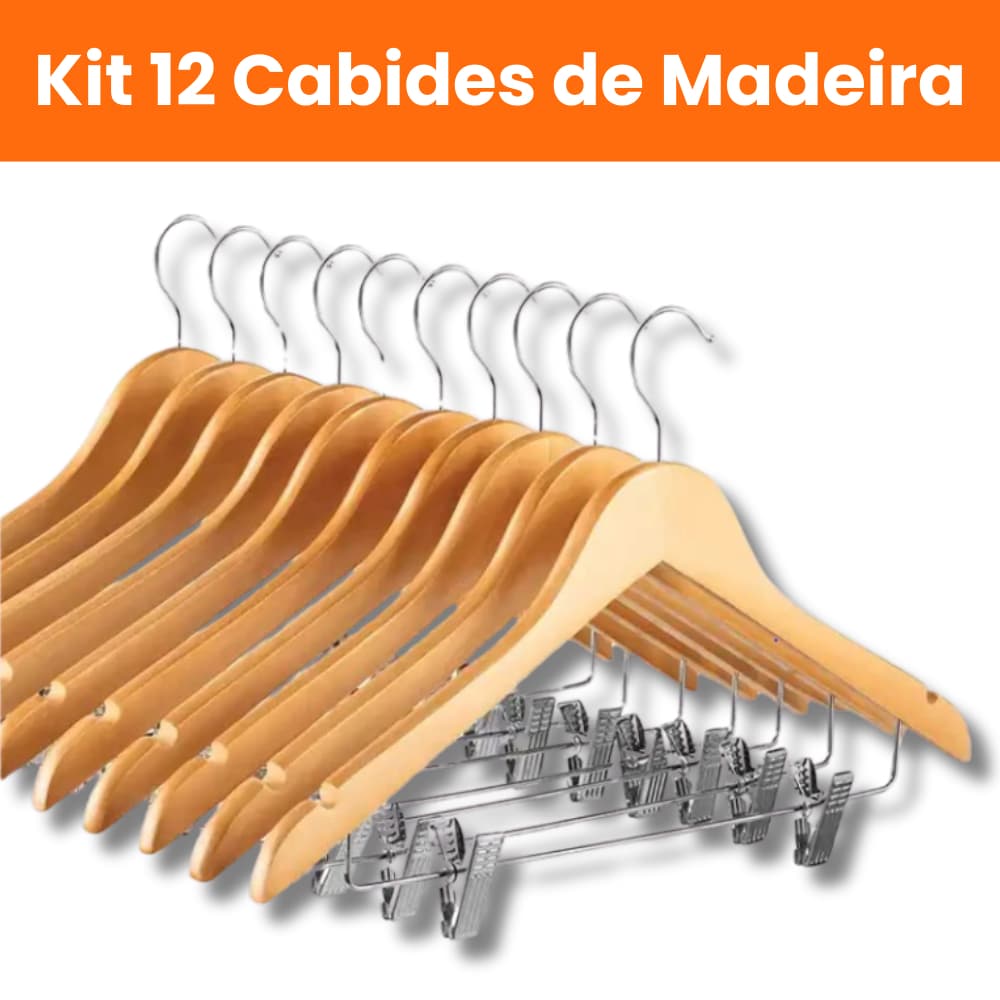 Kit 12 Unidades De Cabides De Madeira Marfim Verniz Com Presilhas Adulto Qualidade Premium