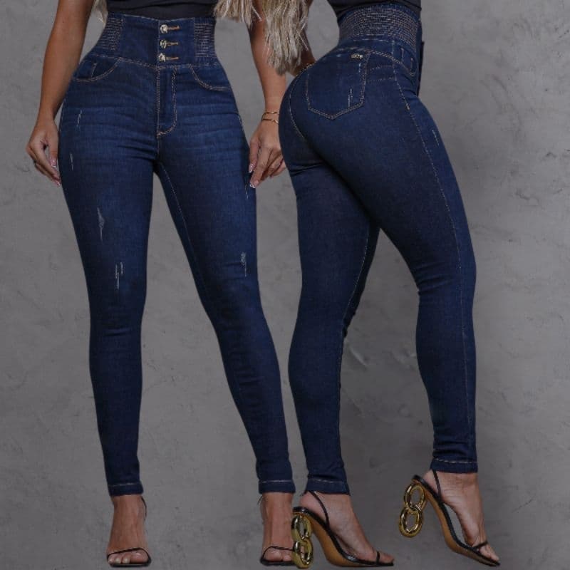 Calça Modeladora Jeans Feminina Cintura Alta Versátil Lycra Elastano