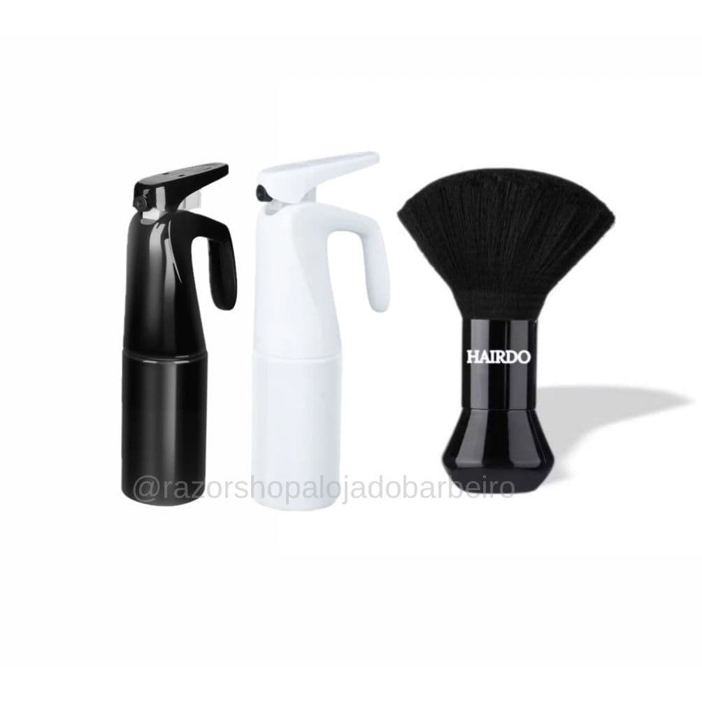 Kit Espanador De P/ Barbeiro Preto Bolinha + Borrifador Pulveriador Jato Continuo De Para Barbeiro Barbearia