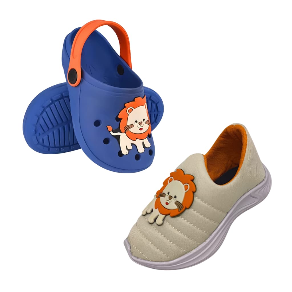 Kit Infantil Masculino Babuche Menino + Tênis Calce Fácil Emborrachado Leão