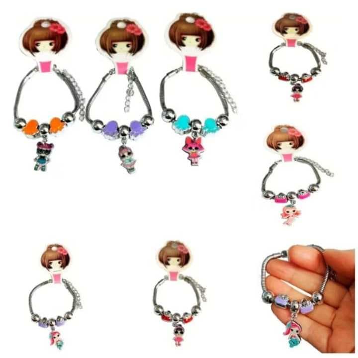 Kit 3 Pulseiras Berloques Pingente Infantil Prata e Dourado