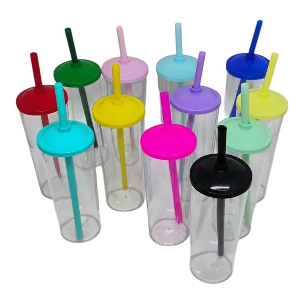 10 copos long drink transparente com tampa e canudo colorido.
