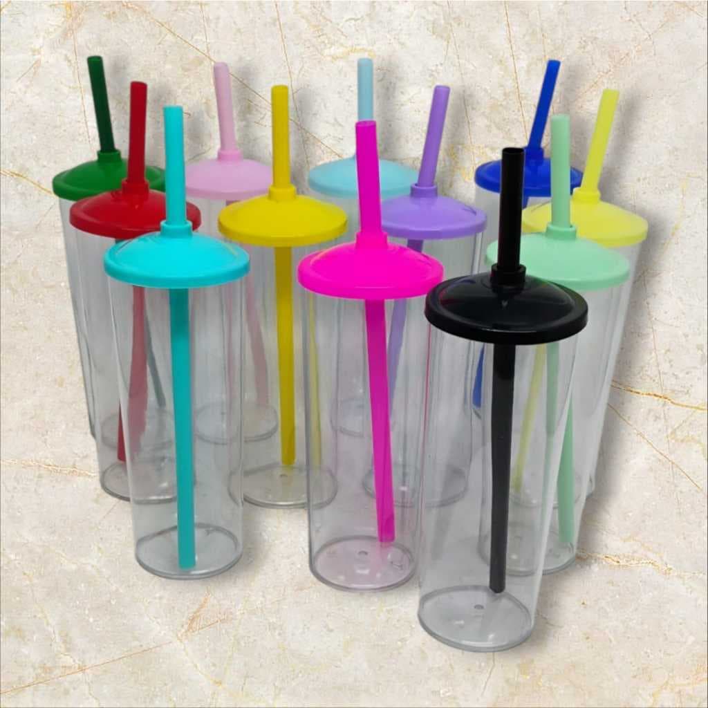20 copos long drink transparente com tampa e canudo colorido. OBS: COPOS DE ACRILICO DE 350 ML.
