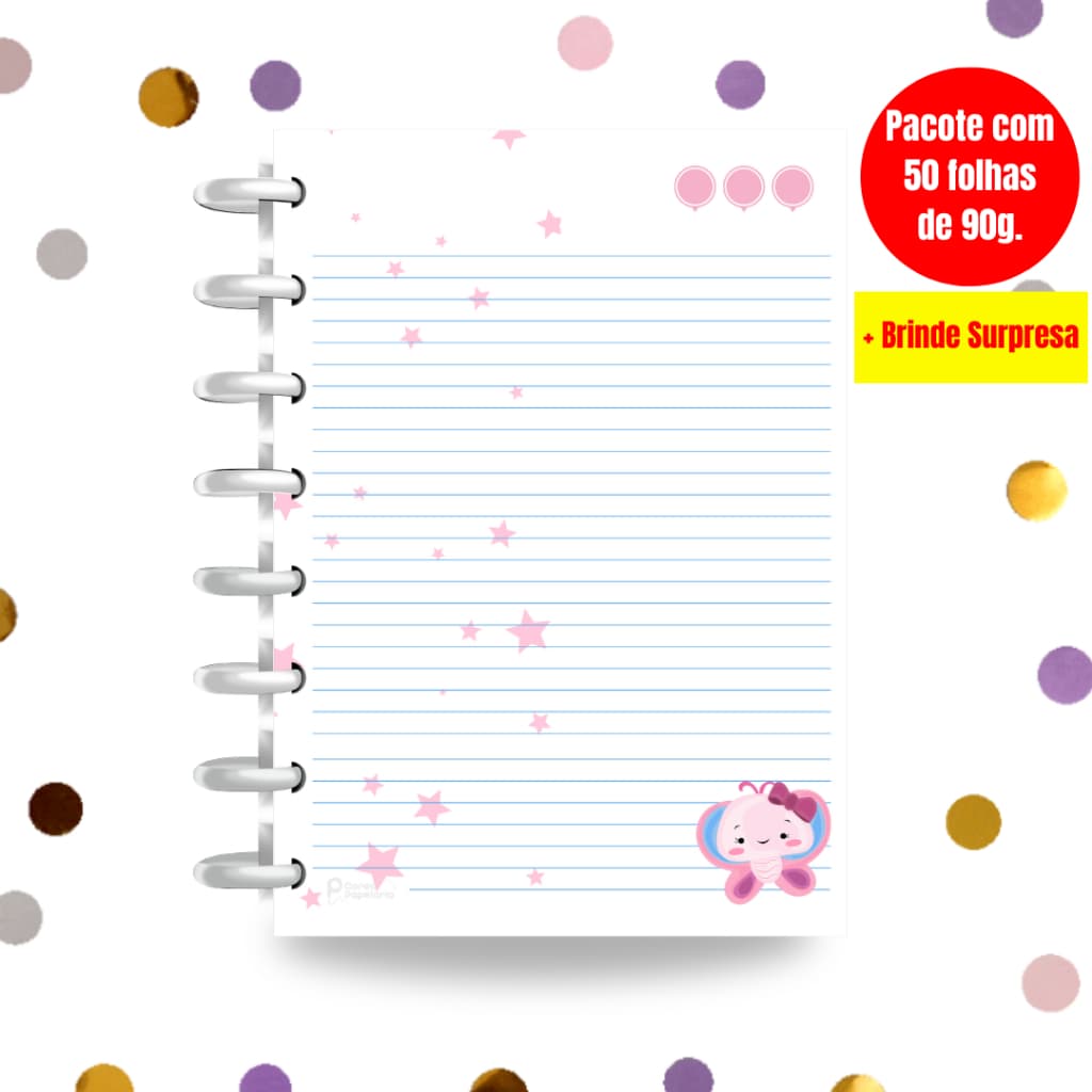 Refil para Caderno de Discos 90g Folhas Personalizadas | Refil Caderno Inteligente | Borboletinha