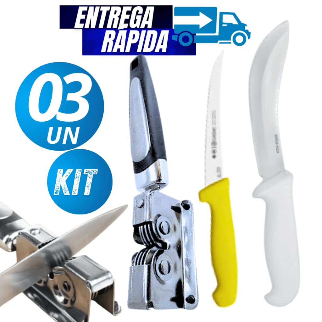 KIT Amolador Afiador de Facas Faca Desossa Profissional Açougue Faca Tira Couro Profissional Lâmina Aço Linha Premium