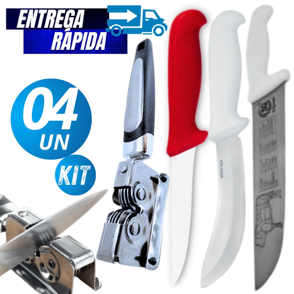 KIT 04/02 Afiador Faca de Desossar Faca Tirar Couro Alta Qualidade Faca de Açougueiro em Aço Inox Linha Profissional