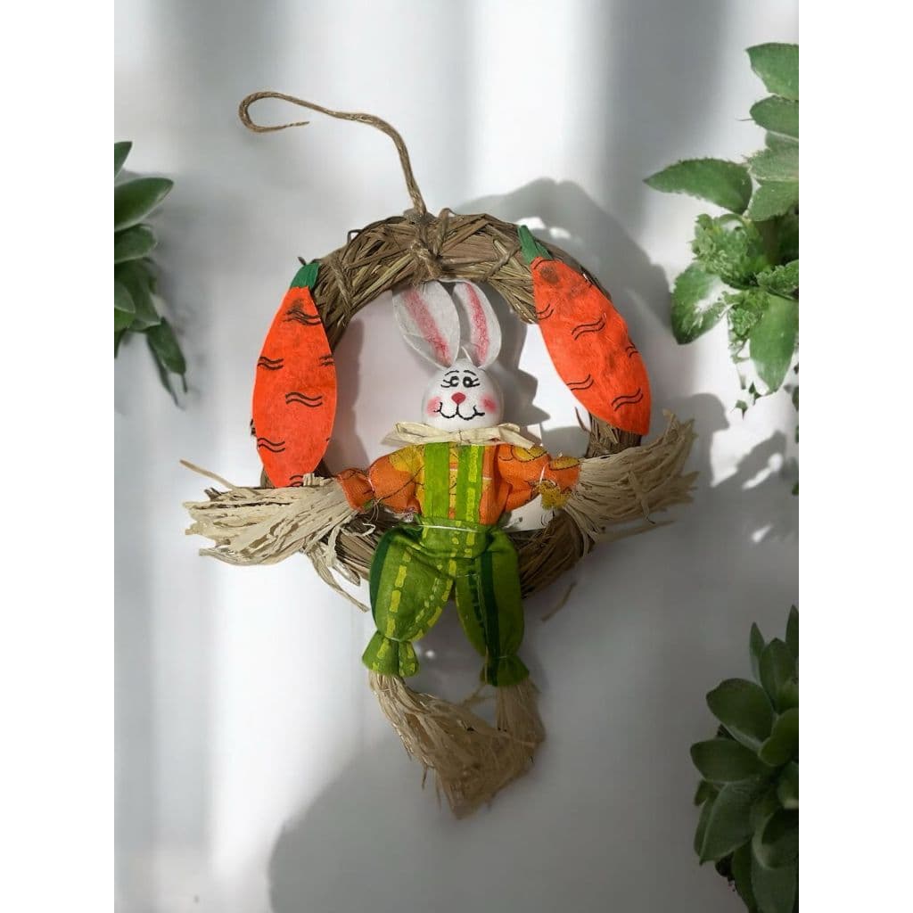 Enfeite Páscoa Guirlanda de Palha Decorativa Com Coelho Enfeite de Porta Coelho