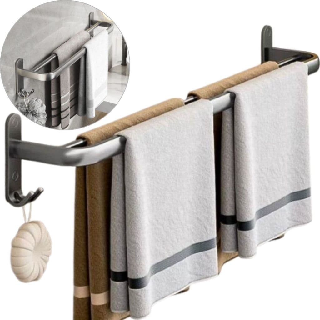 Porta Toalhas Toalheiro 60cm Suporte Parede Banheiro Duplo Gancho Alumínio Metal Inox