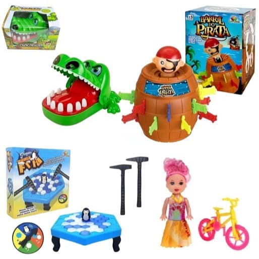 COMBO COM 4 BRINQUEDOS(PINGUIM NUMA FRIA+PULA PIRATA+CROCODILO MORDE DEDO+LITTLE AMY PASSEIO )