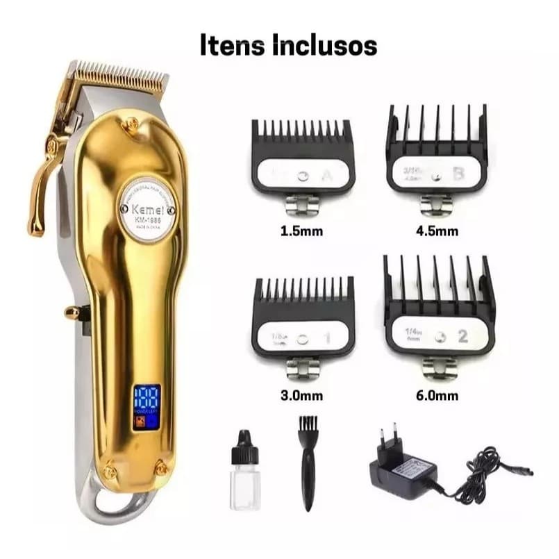 Cortador De Cabelo Kemei Km-1986 Dourado Digital Sem Fio bivolt