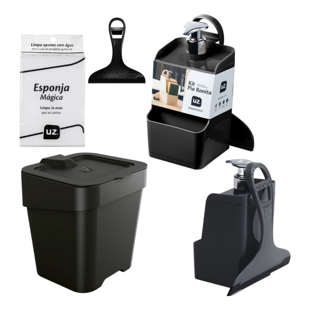 Kit Cozinha Pia Lixeira Dispenser Rodinho Esponja Magica