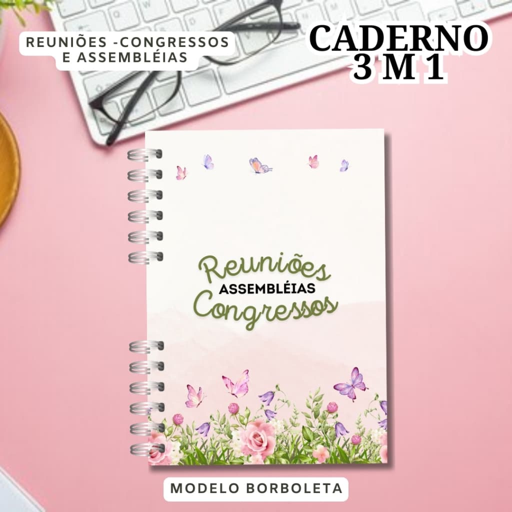 Caderno Personalizado A5 - 3 em1 Feminino Borboletas - Para Reunião, Assembléias e Congresso - 200 Páginas - 15,5x21,5cm