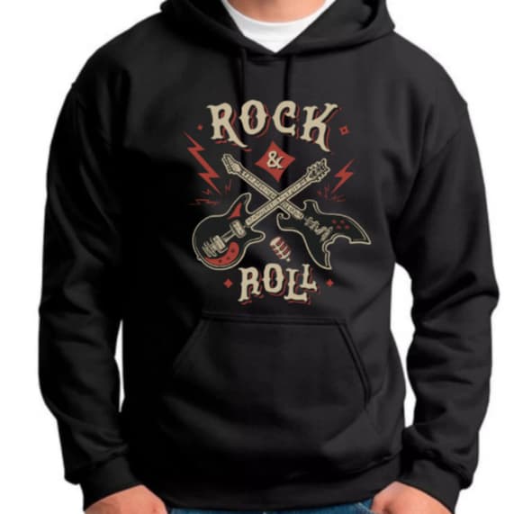 Moletom Masculino Canguru Bolsos e Capuz Rock Roll Guitarras Tendencia Algodão Casual Forrado