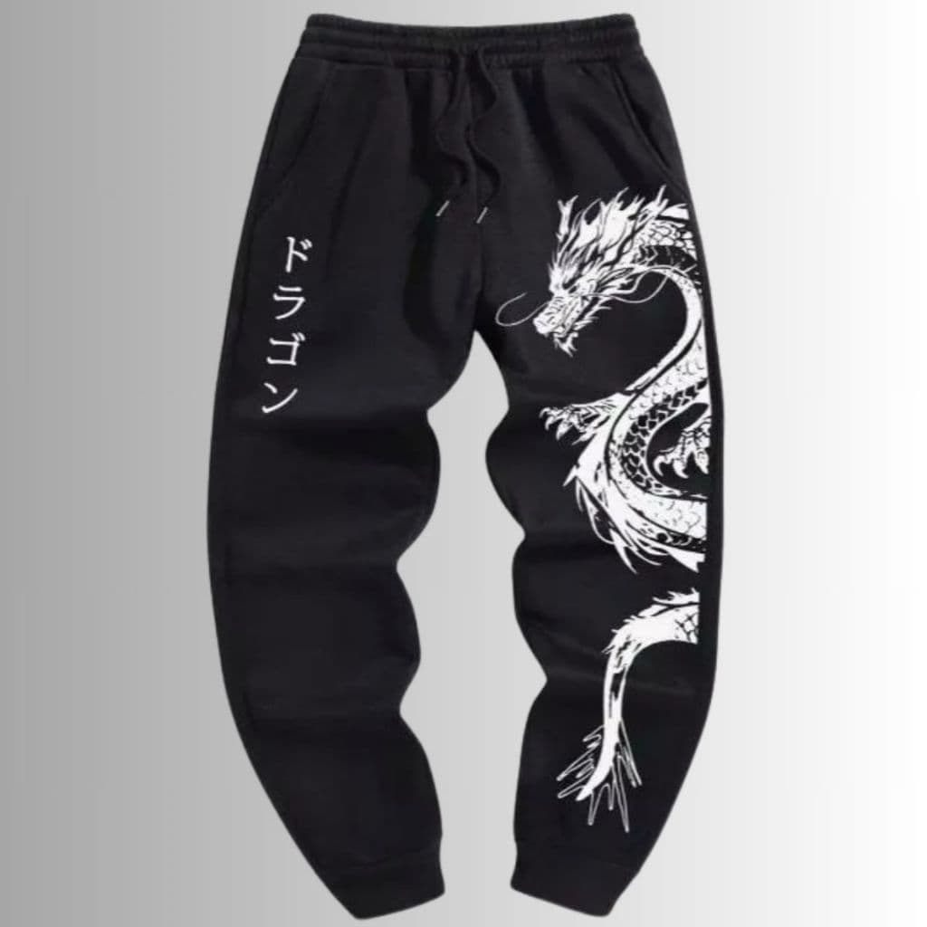 Calça Moletom Masculina Dragão Oriental  Letras Japas Algodão Forrado Casual Inverno