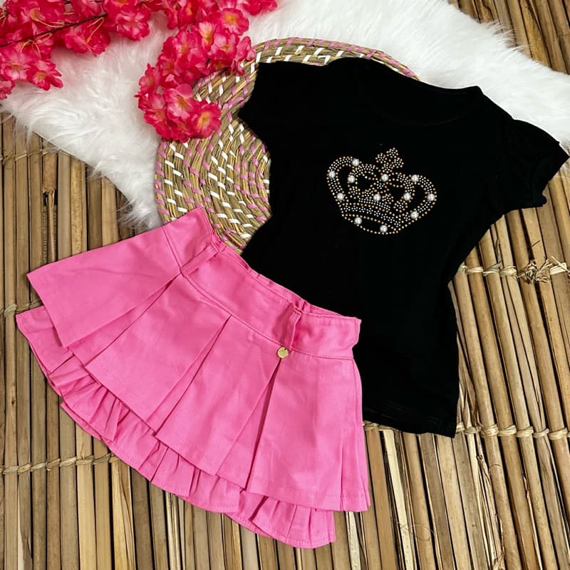 CONJUNTO INFANTIL DE SAIA OU DE SHORTS PEDRARIA VERÃO LELELI
