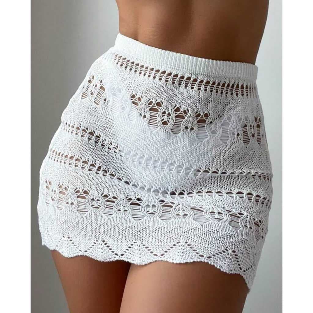 Saída de Praia Saia Rendada Tricot Coz Elastico Que se Ajusta ao Corpo Moda Praia e Piscina