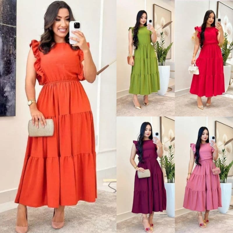 Vestido Feminino Midi Babado Franja Princesa Três Marias Moda Evangélica Com Faixa Cinto