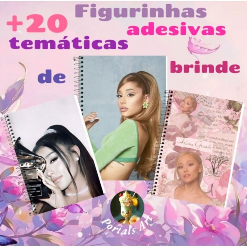 Caderno Ariana Grande A4 + 20 figurinhas adesivas temáticas de brinde