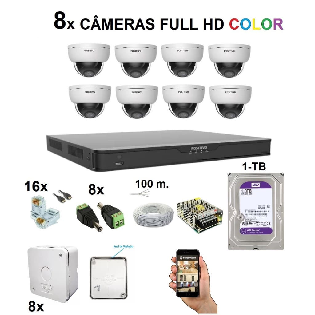 KIT NVR CFTV 8 CÂMERAS IP Full HD Color + HD 1TB + fonte + cabo + conexões +  acesso remoto