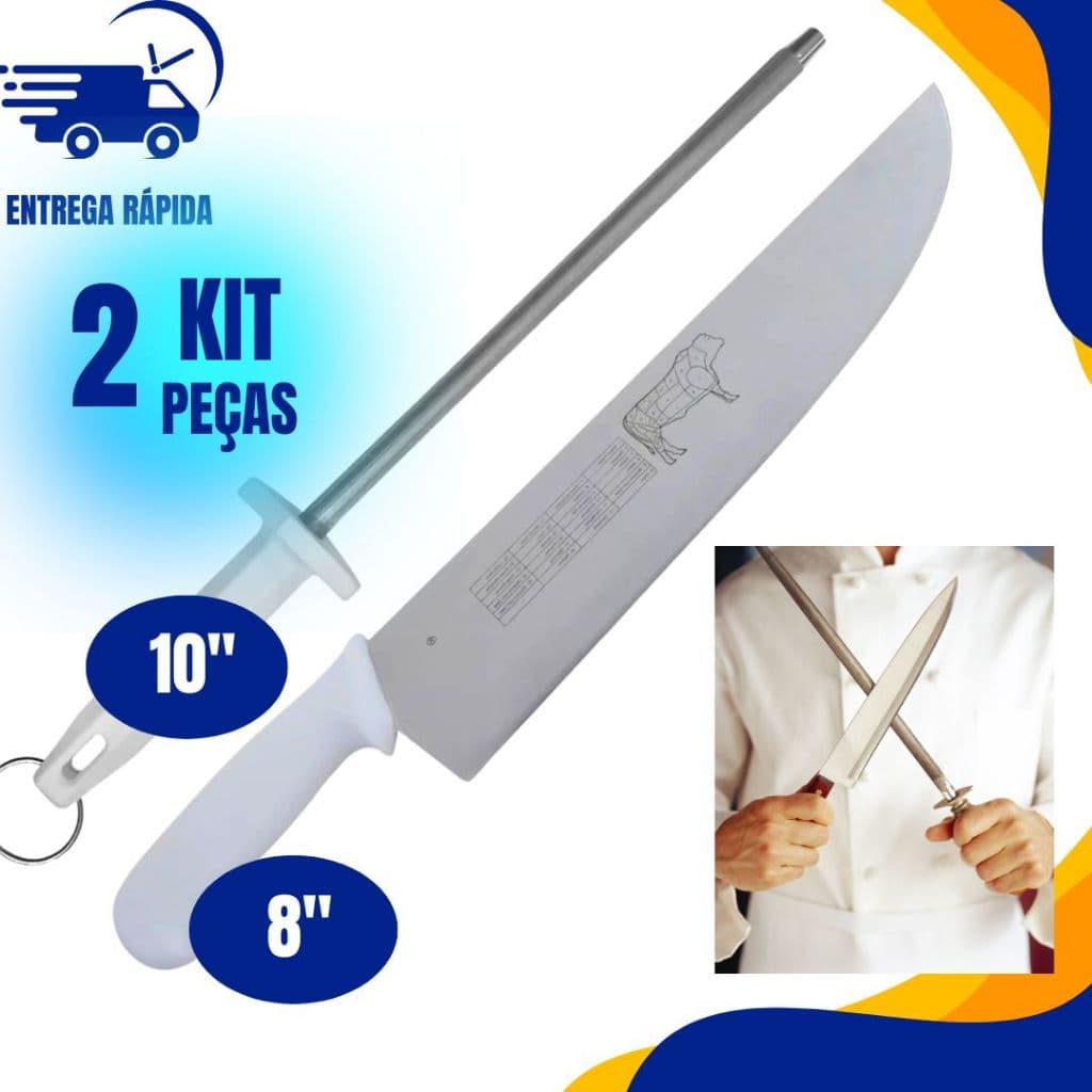 kit Chaira 10'' e Faca Profissional 8" polegadas Afiador Grande Amolador Açougue Cozinheiro